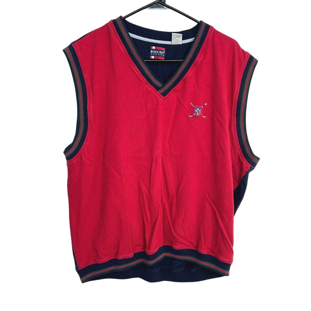 Preppy Bugle‎ Boy V-Neck Golf Sweater Vest Large Red Navy Crest Classic 90s